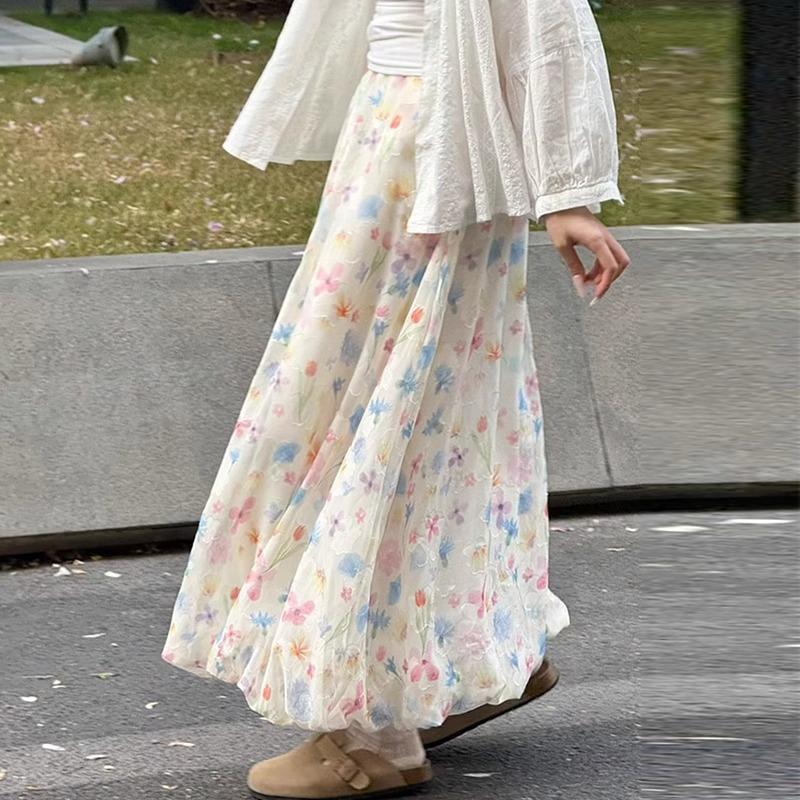 Falda de Capullo de Flor Hinchada para Mujer en Verano Delgada Nueva de Cintura Alta Línea A Floral de Colores Estilo Suave Falda de Longitud Media
