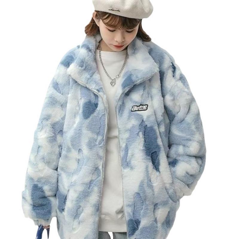 Winter New Trendy Brand Tie-dye Stand-up Collar Imitation Lamb Wool Fur Jacket Men's and Women's Casual Padded Couple Cotton-padded Clothes Tide