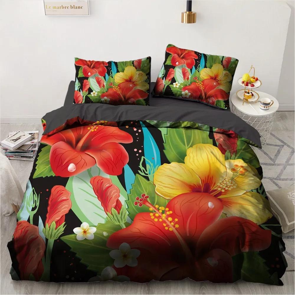 Flower Bird King Queen Duvet Cover Colorful Tropical Floral Bedding Set For Women Watercolor Plant 23Pcs Polyester Quilt Cover
