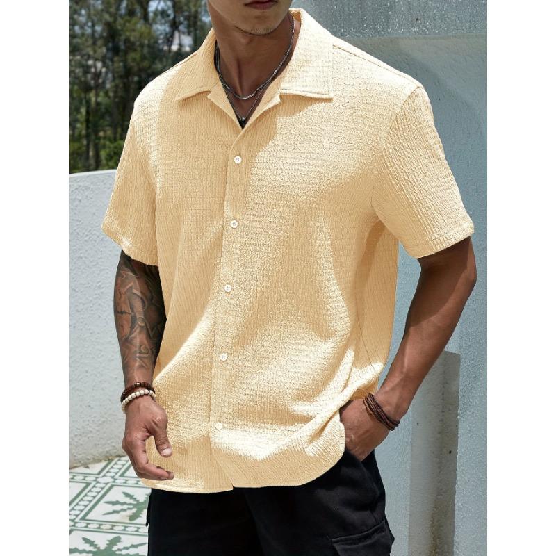 Men Notched Lapel Short Sleeve Shirt Crinkle Waffle Texture Full Button Front Loose Vacation Casual Blouse Tops