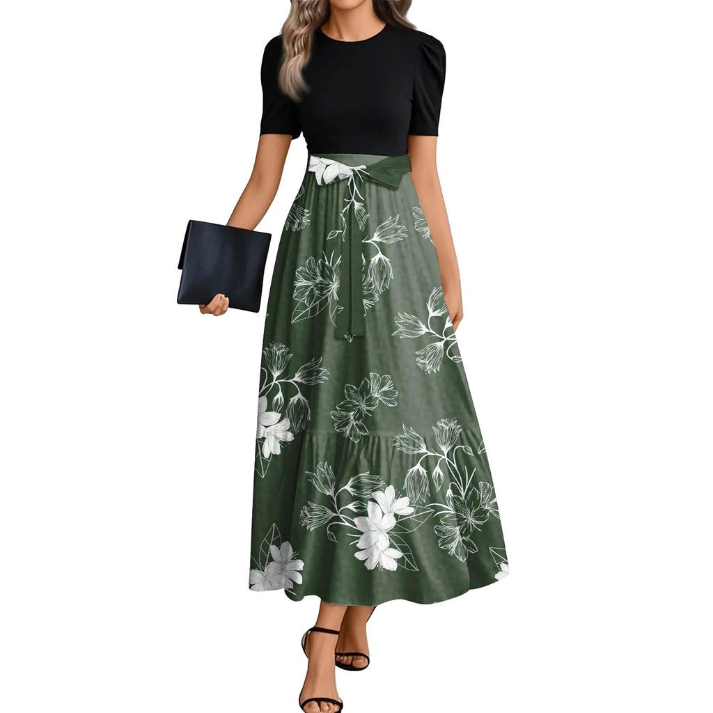Women's Floral Print High Waist Fashionable And Elegant Dress