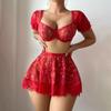 Thin sexy lace mesh print top short skirt pajama set sexy perspective floral underwear