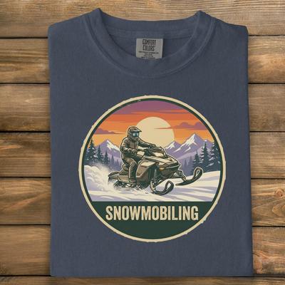 Snowmobiling T Shirt with Mountain Sunset Graphic, Adventure Apparel for Winter Sports Enthusiasts