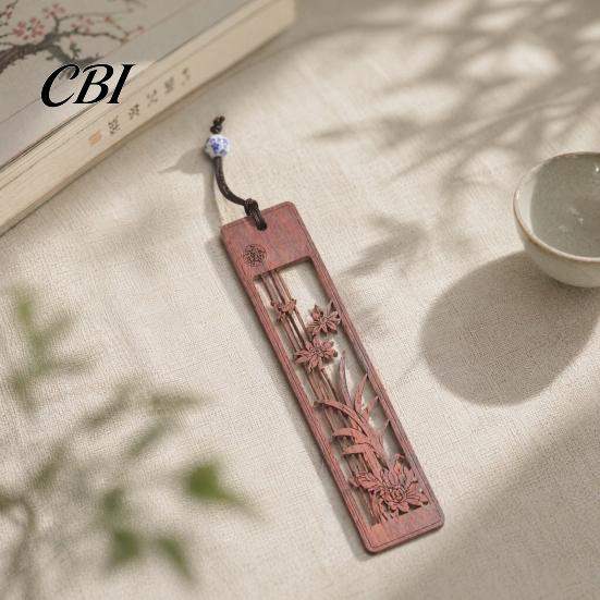 Traditional Chinese Design Bookmark Rosewood Bookmark, Plum Orchid Bamboo Chrysanthemum Carved Classic Fine Oily Wood Style Page Marker for