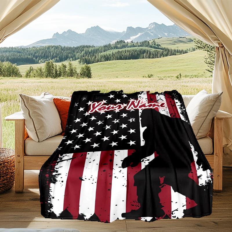 1PC Custom Name Bigfoot American Flag outdooor Flannel blankets Patterns Throw Blanket All-Season Soft Gift for Couch, Bed, Camping gifts