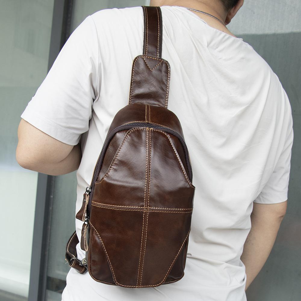 Leather Men's Bag, Men's Chest Bag, Casual and Fashionable Top Layer Cowhide Oil Wax Craft Crossbody Chest Bag