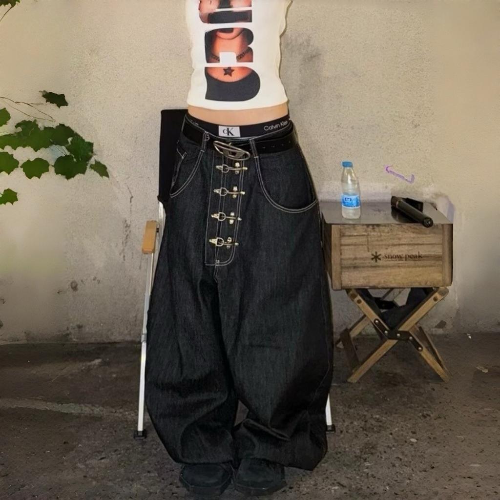 ZYLLO Metal Buckle Design Curved Wide-leg Jeans High Waist Straight Baggy Denim Pants Vintage Street Style Trouser