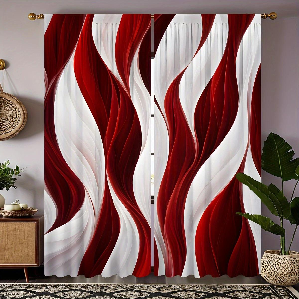 

Elegant red and white abstract wave-printed curtains, pole bag curtains, home decoration, room decoration 29Wx64L(75x166CM)x2