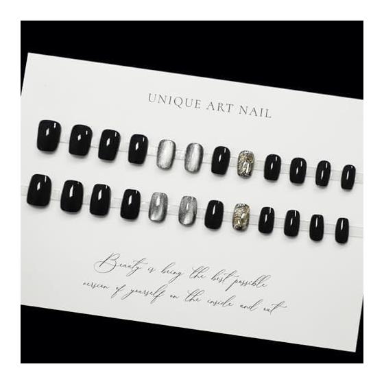 Nail Tip False Nails Nail Press Stylish Black Short Easy Off Nail Mine Type Korean Mass Produced Cosplay Nails Nail Art Cute Ladies Nail Glitter 24