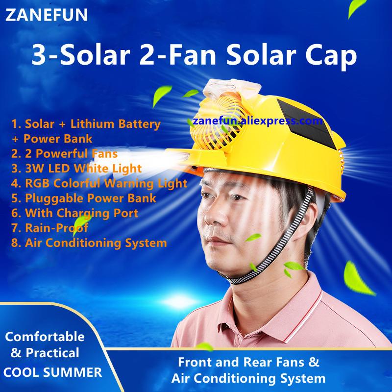 Helmet With 3 Solar Panels 2 Fans LED Light RGB Warning Rechargeable Lithium Battery Power Bank Outdoor Work Solar Fan ABS Cap