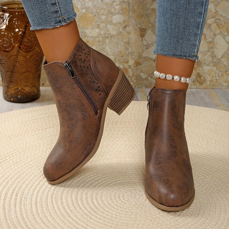 Stivaletti da Caviglia da Donna Vintage Slip-On con Tacco Basso Largo a Blocco, Punta Mandorla Punta Tonda, Stivali Invernali con Tomaia e Fodera in PVC, Beige/Marrone Caramello/ Blu/Scuro