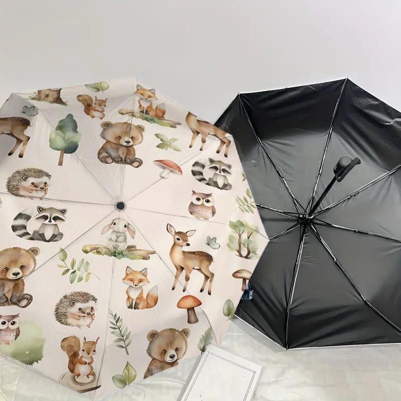 Woodland Animal Forest Friends - Automatic Opening Umbrella, Portable Tri-Fold Design, 8-Bone Iron Frame Outdoor Umbrella, Festival Gift for