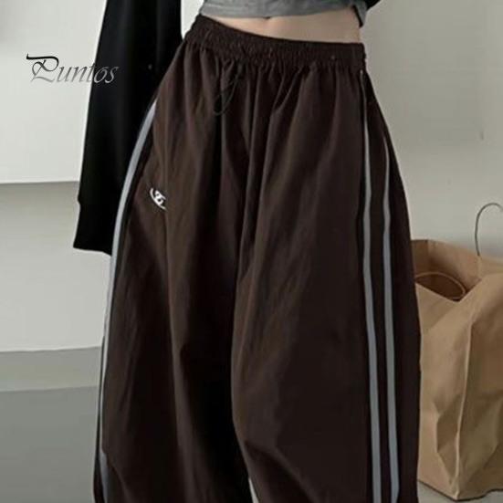 Women Cargo Pants Elastic Waist Drawstring Hem Casual Pants with Pockets Side Stripes Wide Leg Sport Pants Streetwear