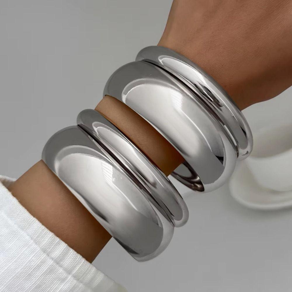 3/4/6/8Pcs Chunky Punk Metal Bracelets Multilayer Smooth Bracelet Set  Friends Birthday Gift