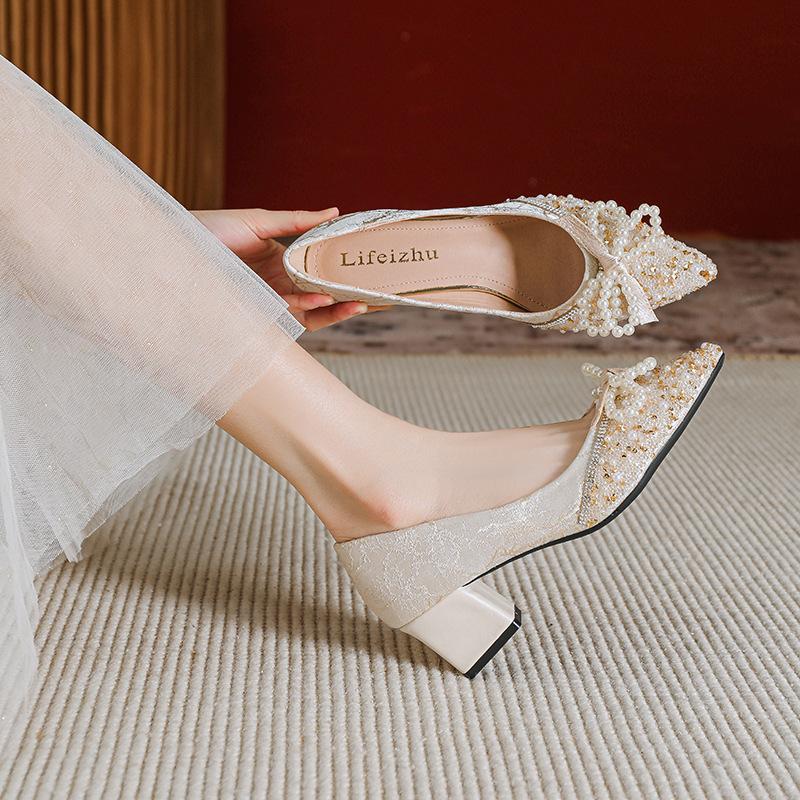 Chaussures Femme Escarpins de Luxe Belle Chaîne de Perles Nœud Chaussures à Talons Hauts Chaussures de Fête pour Fille