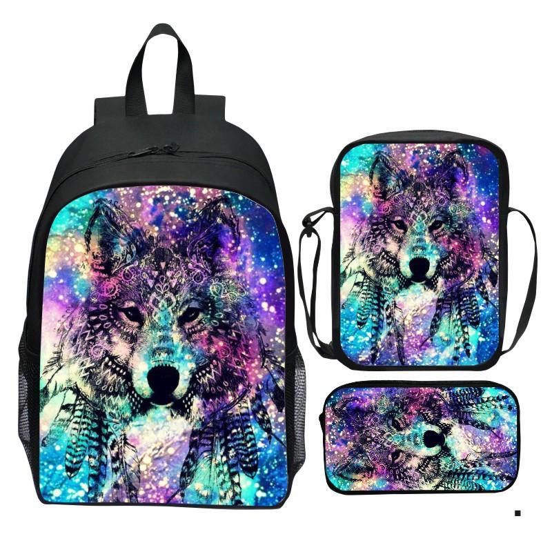 Bedruckter Universum Sternenhimmel Rucksack 3-teiliges Set Tier Wolf Löwe Rucksack Kleine Umhängetasche Federmäppchen