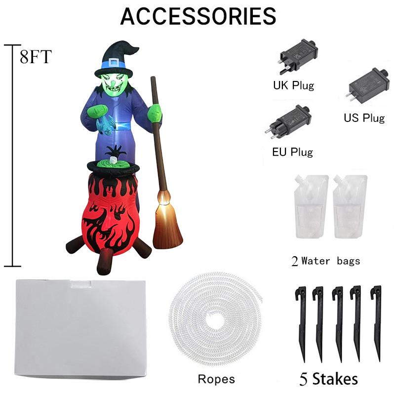 

8FT Halloween Inflatables Toys Outdoor Decoration Witch with Auto Rotation Cauldron Built-in LED Light Yard Garden Holiday Decor EU