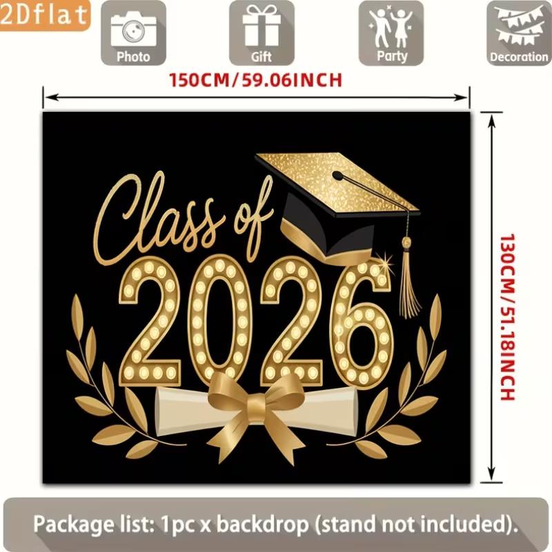 2D Class of 2026 Graduation Photography Backdrop Black Gold Cap, Diploma and Laurel Party Background
