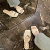 Sheepskin~ 7cm square head pleated one word with half slippers femininity commuter high heel sandals