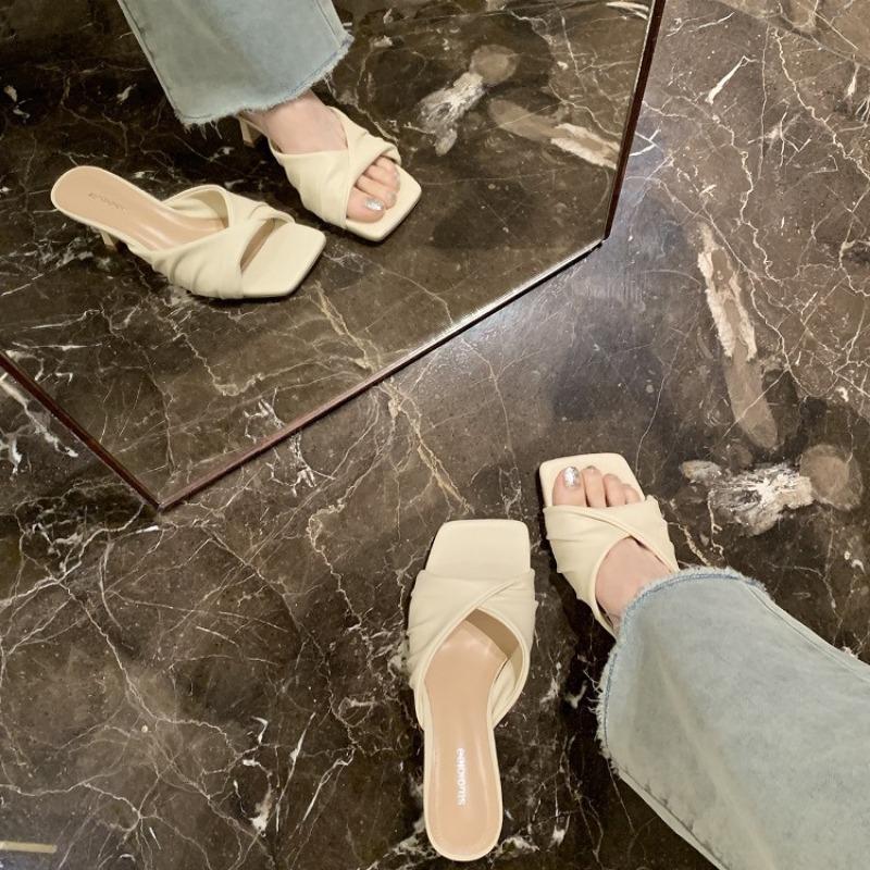 Sheepskin~ 7cm square head pleated one word with half slippers femininity commuter high heel sandals