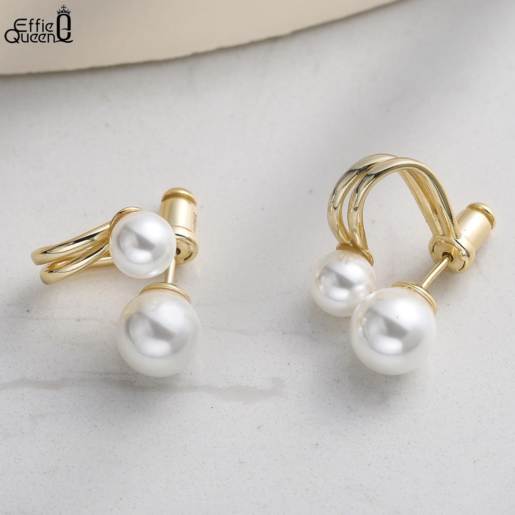 Effie Queen Genuine 925 Silver 14k Gold Geometric Shell Pearl Stud Earrings Simple Jewelry for Women Banquet Party Gift PSE05