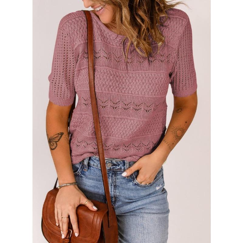 New Women's Round-neck Cutout Short-sleeved Sexy Top Knitted Crochet Sweater
