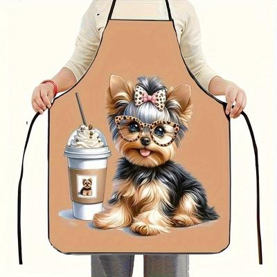 1pc of Adorable Yorkshire Terrier Puppy Apron with Coffee and Ice Cream Design - Stylish Polyester Kitchen Apron, Unisex, Durable and Comfortable, Per
