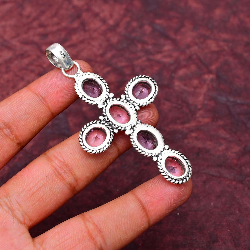 Pink Kunzite Gemstone Cross Shape Pendant Gemstone : 925 Sterling Silver Handmade Jewelry Pendant