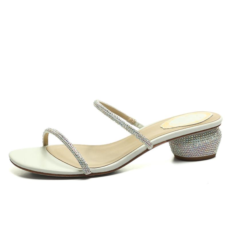 Fashion Round Heel Sandals 2025 Summer Women's New Rhinestone One Word with Fairy Style Egg Heel Fashion Sandals