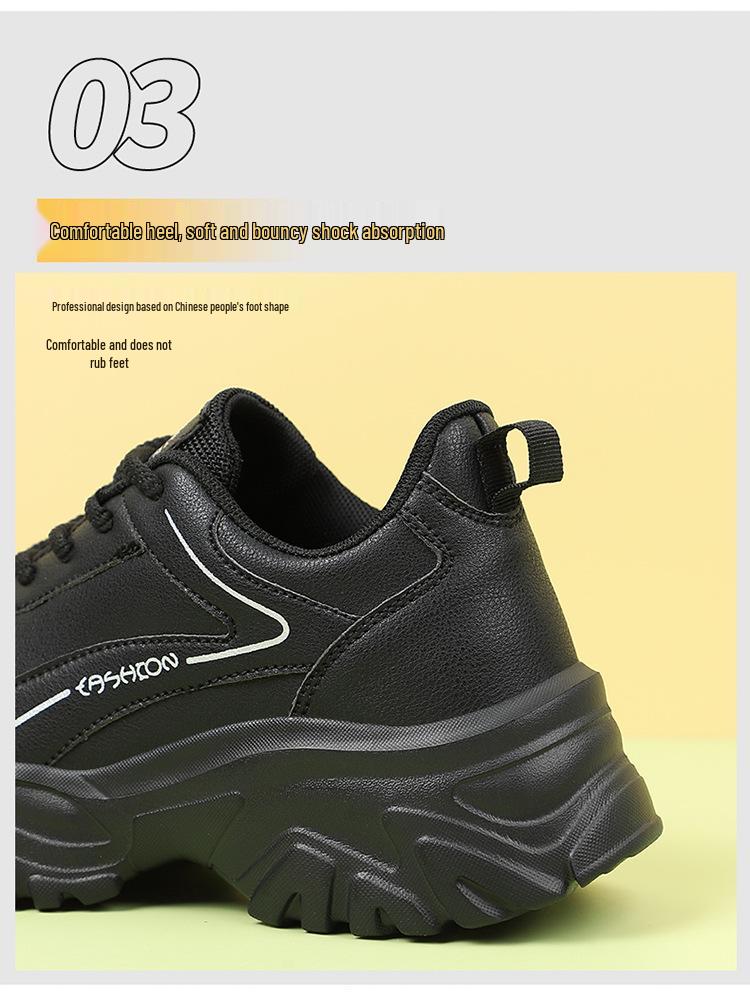 Zwarte Waterdichte Leren Sneakers voor Dames - Dikke Zool, Lichtgewicht, Antislip Casual Reisschoenen