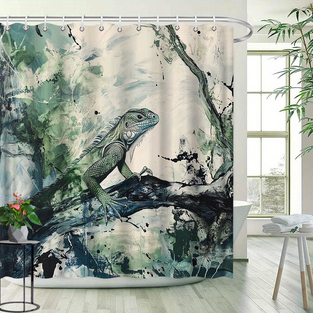 Green Iguana Shower Curtain - Animal Theme, Natural Landscape Design, Polyester Bathroom Decor,  12 Hooks