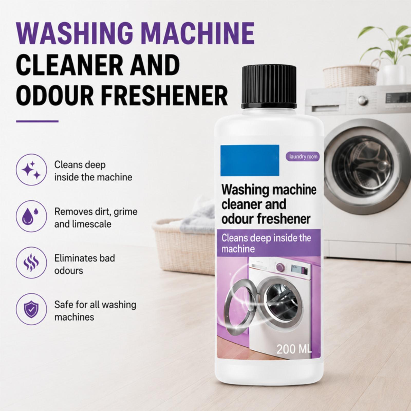 Washing Machine Cleaner and Odour Freshener 200ml Deep Cleaning Solution for Washing Machines Removes Residue and Odours Maintains Appliance Hygiene One Size