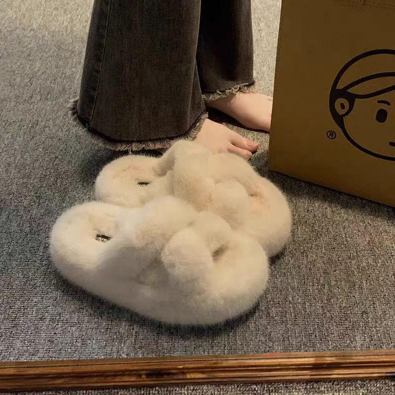 Internet Celebrities Casual Versatile Velvet Thickened Warm 2025 Autumn and Winter New Indoor Wool Cotton Slippers Women's One-word Drag