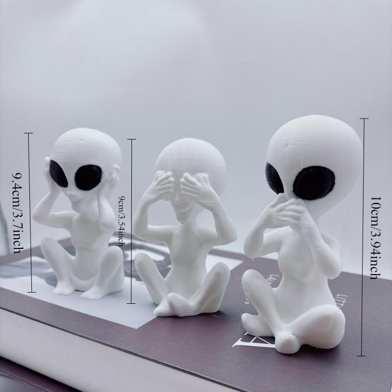 3D Printed Alien Ornaments, Do Not Listen, Do Not Look, Do Not Speak, Whimsical Alien Statues, Fantasy Space Room Decorations