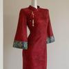 Winter Slim-Fit Velvet Qipao Dress with Beaded Frog Buttons and Printed Slit