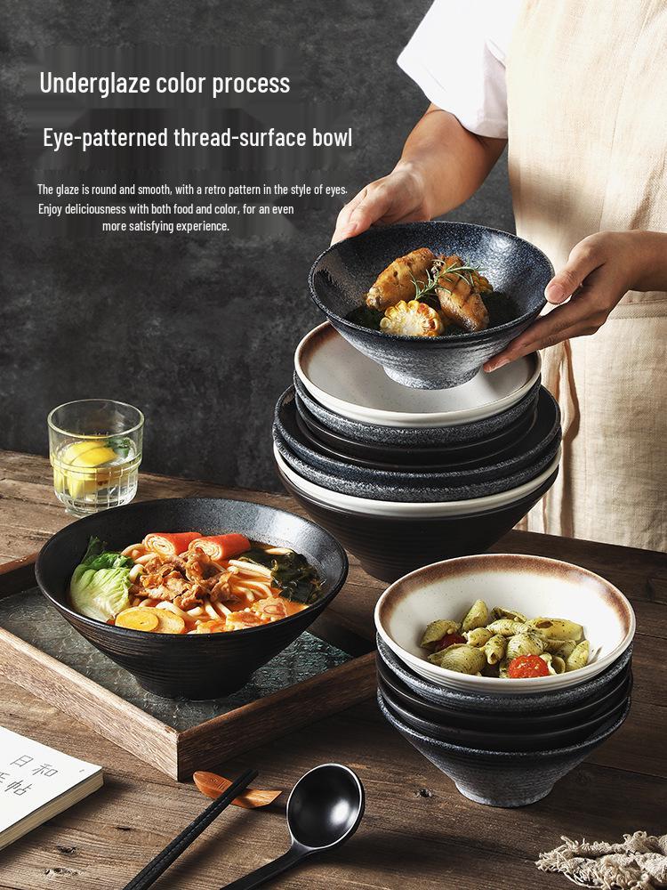 Japanese-Style Ceramic Ramen Bowl - Large Retro Conical Hat Design for Soup, Salad, and Noodles