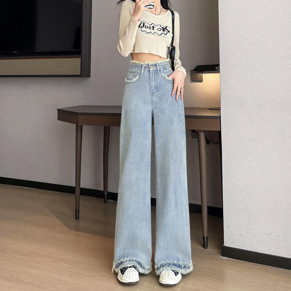 Damen High Waist Weite Beine Jeans Roh Fransen Saum Locker Lässig Lange Jeanshose Für Tägliche Streetwear