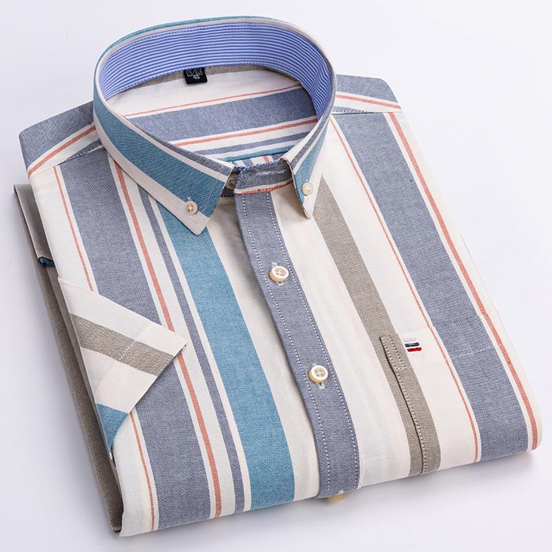 Letnie Nowe Męskie Koszule Oxford Krótki Rękaw 100% Bawełna Kratka Miękkie Regularny Krój Formalna Koszula Elegancka Koszula Społeczna Odzież Męska