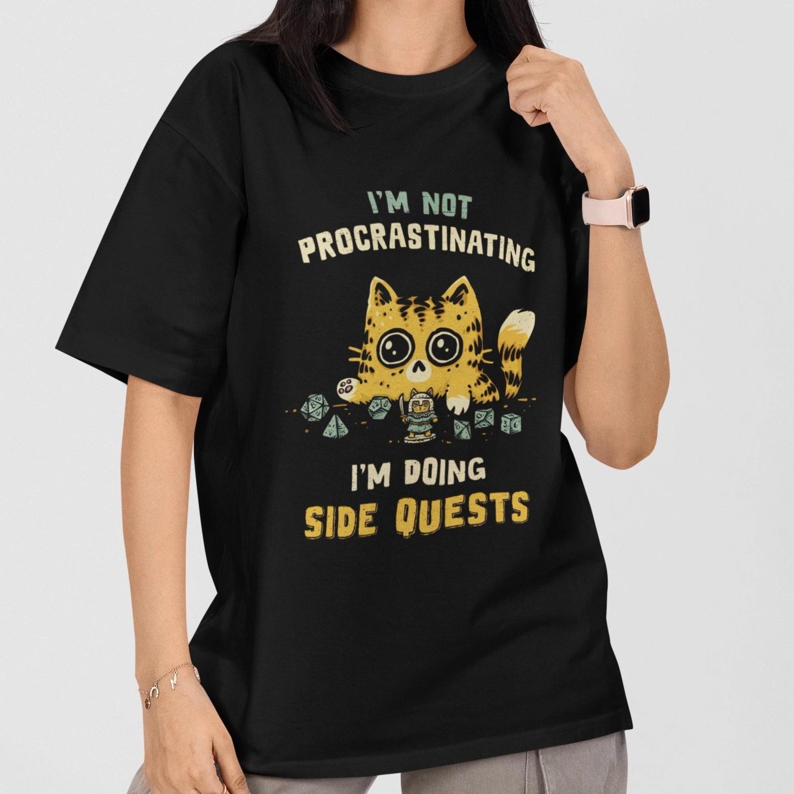 Cute Cat Side Quests Gamer Tee Funny Procrastinating RPG Dice Graphic T-Shirt S