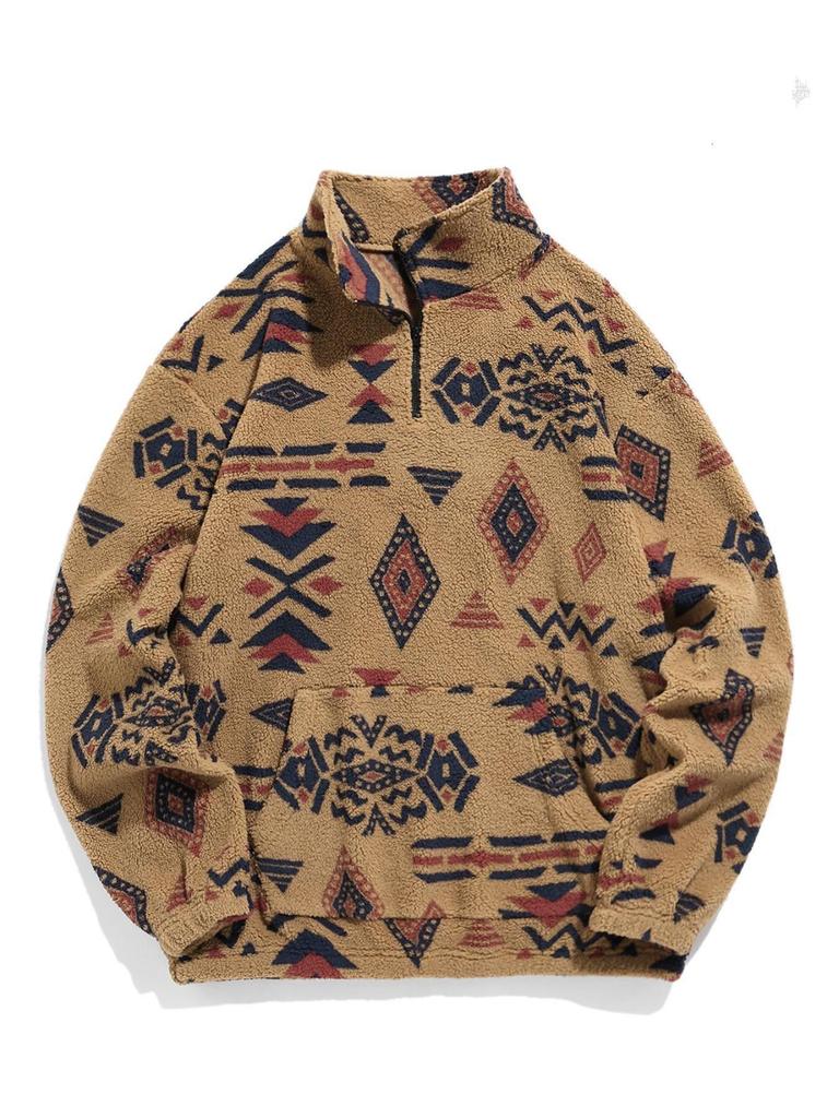 Europese Maat Koreaanse Chic Winter Retro Etnisch Geometrisch Print Casual Lange Mouw Rits Top