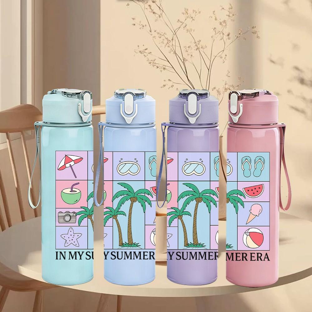 1PC In My Summer Era Beach Pattern 750ml Color Plastic Sports Water Bottle Leakproof Flip Straw Lid Suitable for Sports Office Home Use