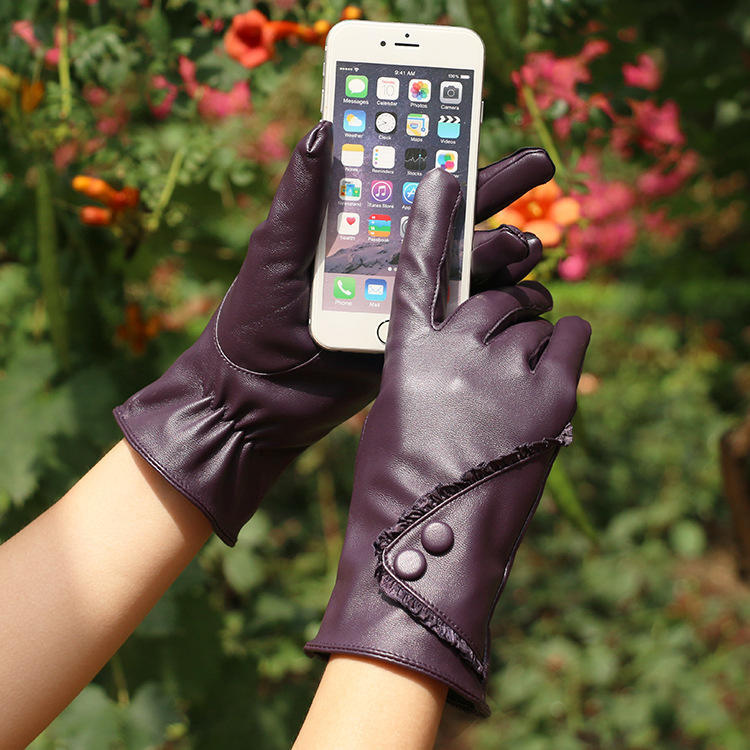 Autumn and Winter Women's PU Leather Gloves Gloves Lace Warm Plus Velvet Cold Proof Riding Touch Screen Gloves Winter