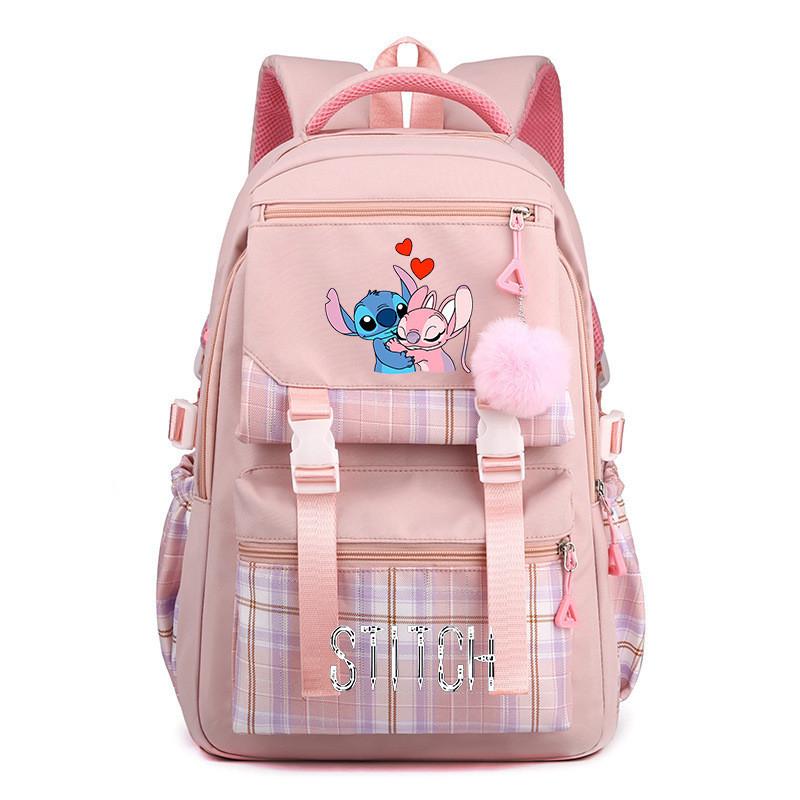 Cute Girl Backpack For School With Stitch Print And Checkered Patchwork Design For Middle School Students
