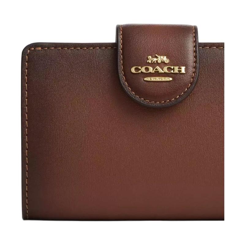 COACH Corner Zip Polished Style Snap Closure Leather Wallet Medium Women's Gold with Mahogany Gold with mahogany color