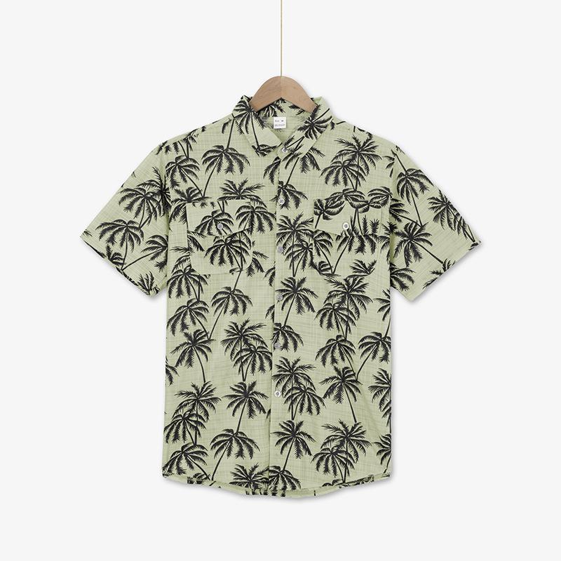 Men's Beach Short-Sleeved Shirt Coconut Tree Print Loose-Fit Holiday Shirt Men's