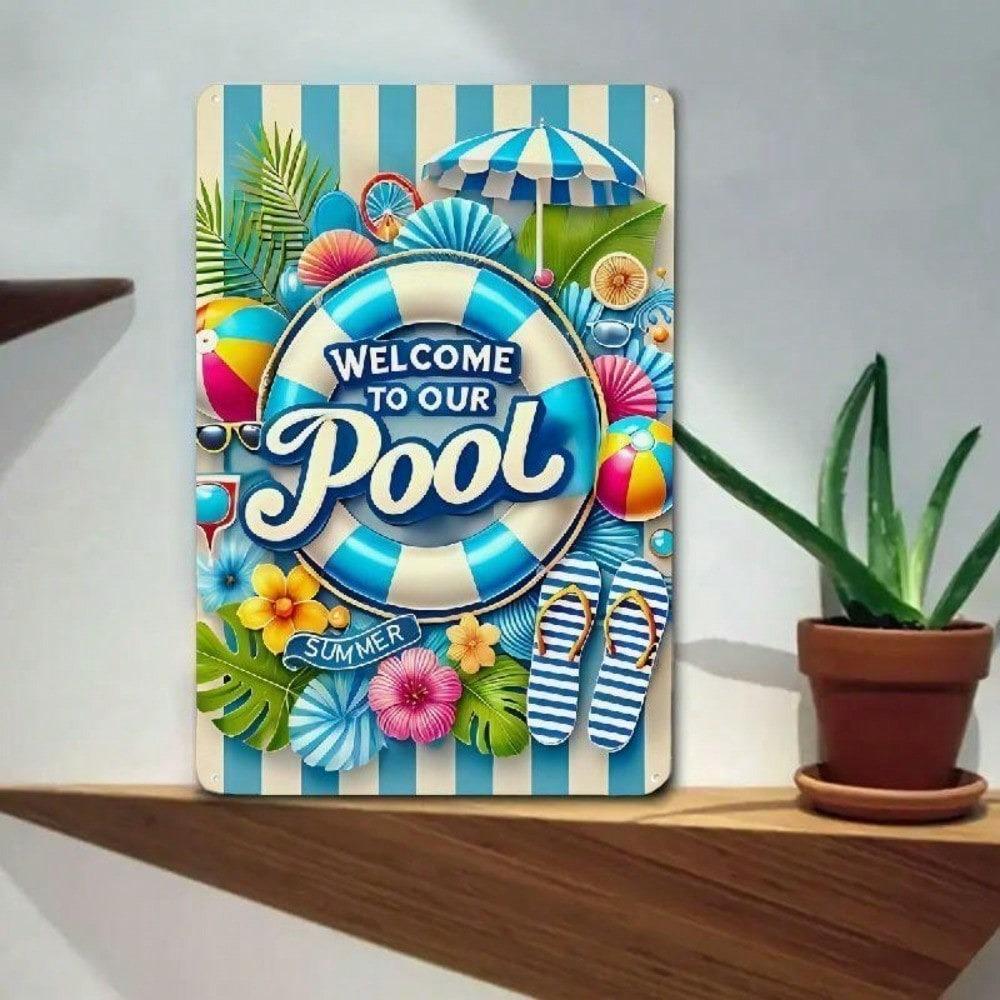 Blechschild Willkommen Pool Sommer Kunst Rustikal Vintage Bar Cafe Garage Dekor