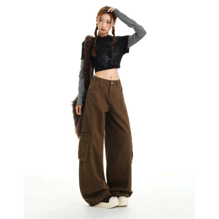 Army green casual high-waisted tooling jeans women's 1116 spring new thin loose big pocket wide-leg pants cotton