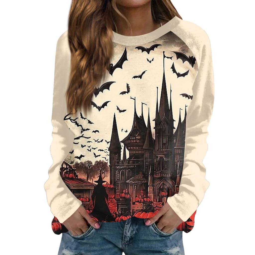 Women's Fashion Casual Long Sleeve Halloween Printed Round Neck Sweater Top