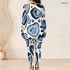 Women Plus Size White Red Black Printed Two Piece Set Round Neck Long Sleeve Longline Top Fitted Pants