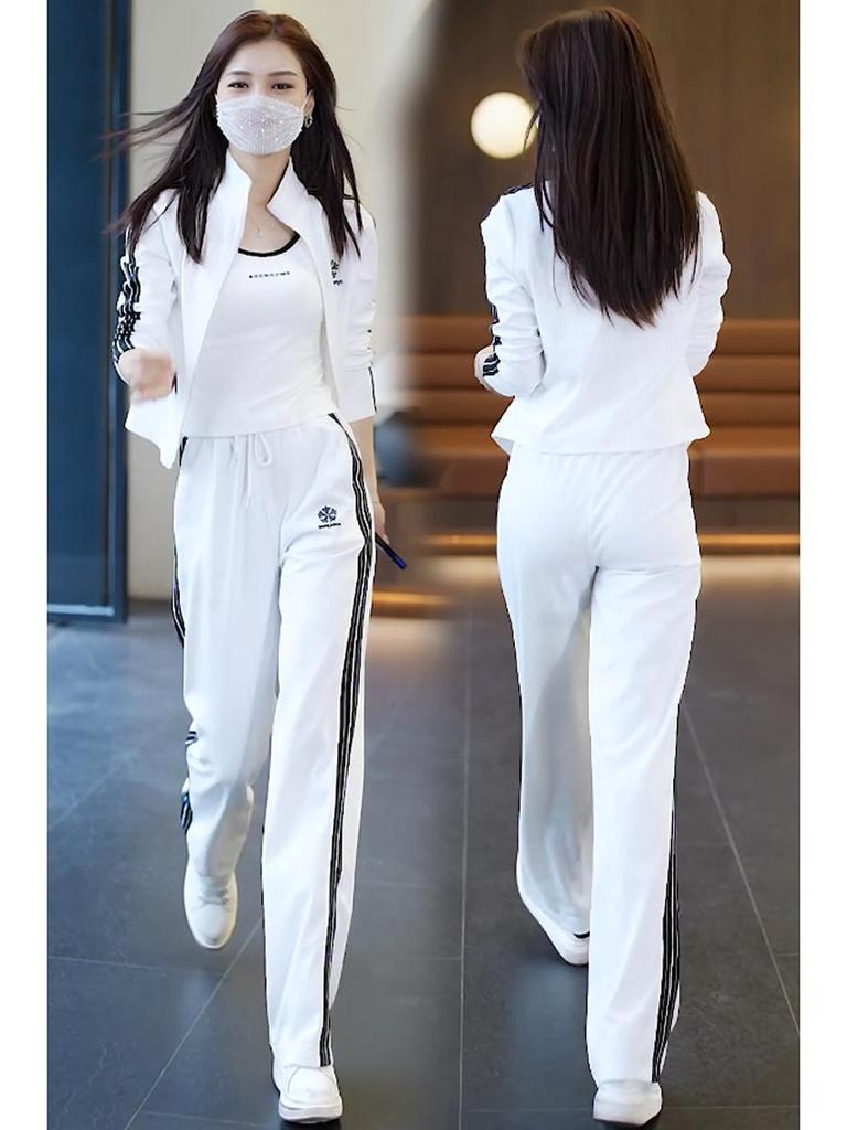 Damski dwuczęściowy strój jesienny 2025 w koreańskim stylu, szykowny: Garnitur: Kurtka ze stójką i spodnie z szerokimi nogawkami